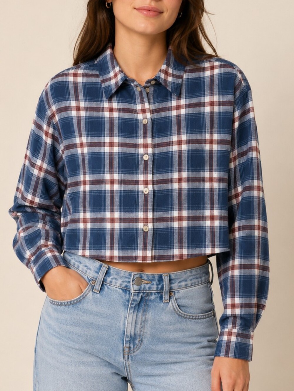 American Eagle Cropped Plaid Flannel Boyfriend Shirt Blue Large Grunge Revival